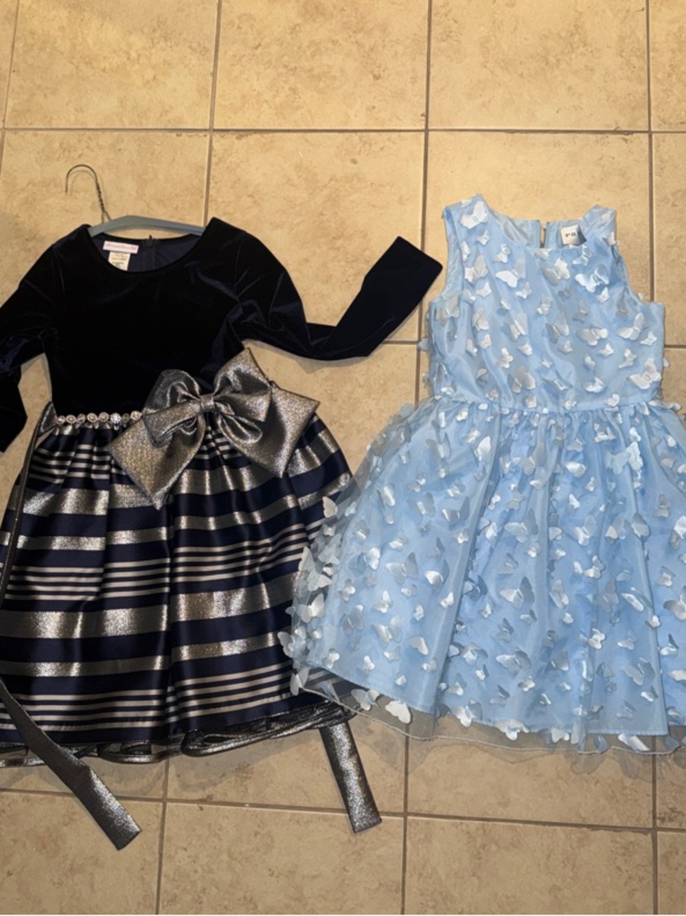 Bonnie Jean Navy Velvet and Light Blue Floral Appliqué Dresses - Girls
